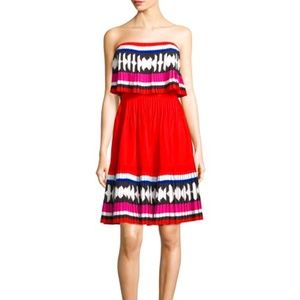 Kate Spade Geo Border Pleated Strapless Mini Dress
